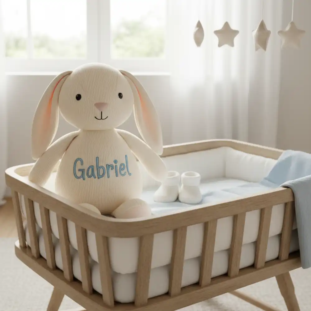 Doudou lapin brodé au prénom du bébé posé dans un berceau