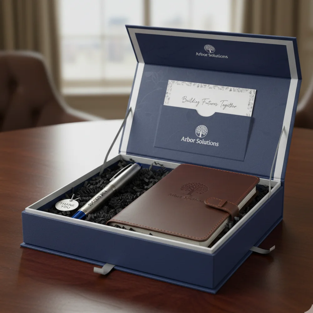 Coffret cadeau corporate personnalisé avec stylo gravé et carnet en cuir
