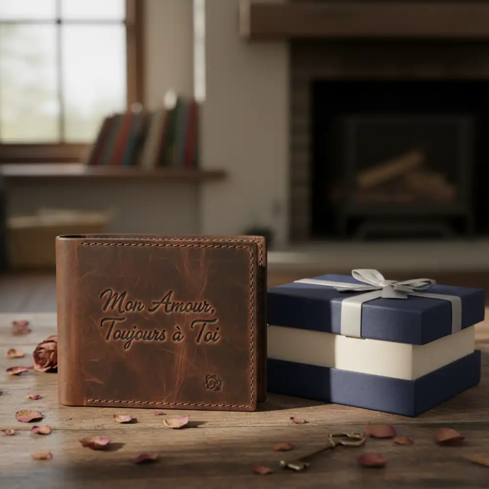 Portefeuille en cuir gravé avec un message personnel à côté d'un coffret cadeau