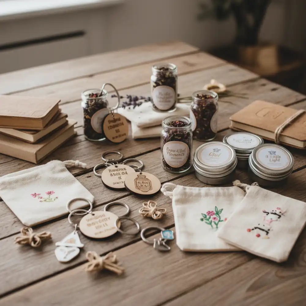 Collection de petits cadeaux personnalisés abordables disposés sur une table en bois