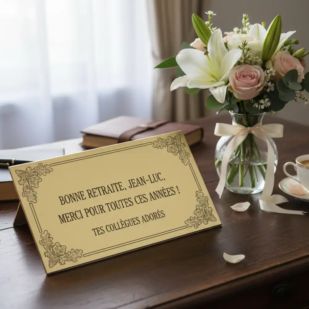 Plaque gravée de départ à la retraite posée sur un bureau avec des fleurs