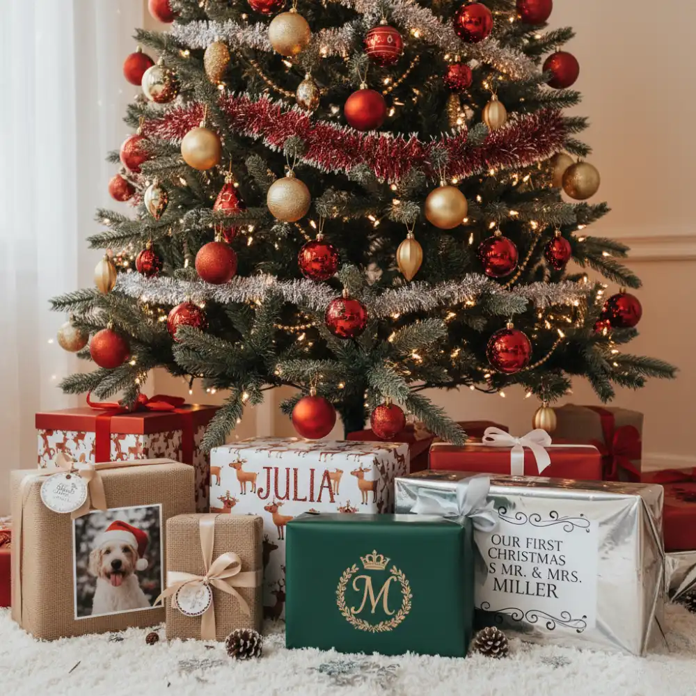 Cadeaux personnalisés emballés sous un sapin de Noël décoré