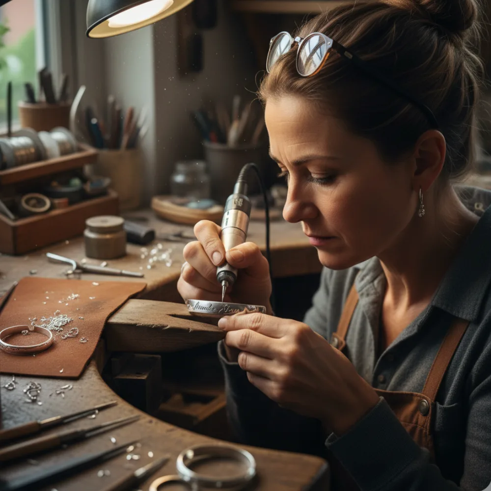 Artisan réalisant une gravure personnalisée sur un bracelet en argent